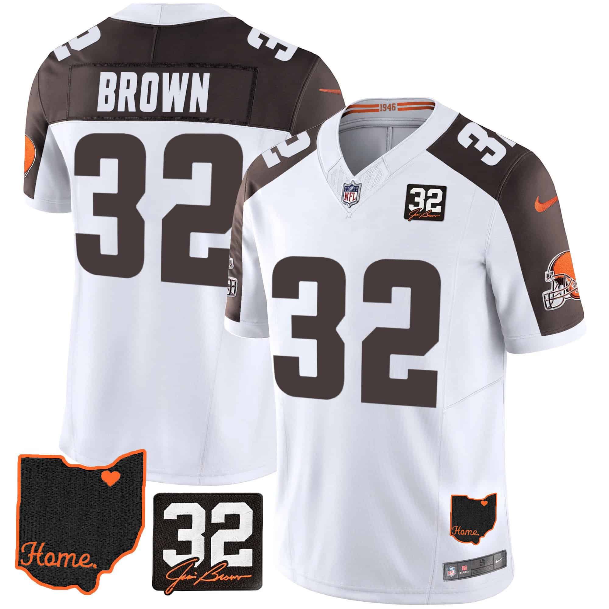 Men Cleveland Browns 32 Brown White Memorial Home Patch 2024 Nike NFL Jersey style 1